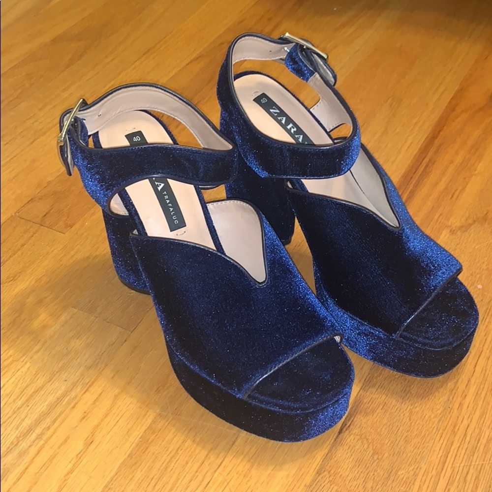 Zara platform blue velvet heels